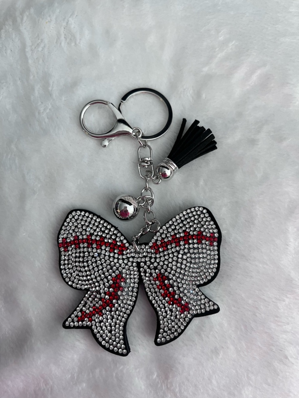 Rhinestone Bow Keychain with Black Tassel and Red Accents